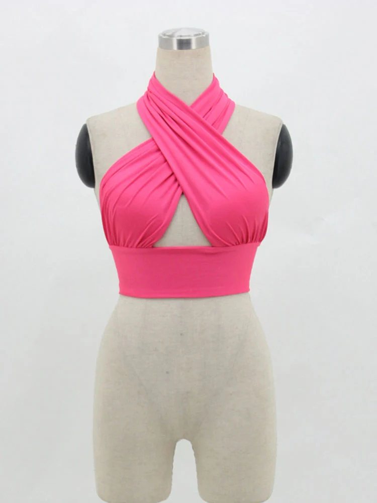 Women Strappy Cross Over Front Cut Out Halter Neck Sleeveless Backless Crop Top Bandage Vest Summer Sexy Tops Woman Clothes S-XL - Image 2