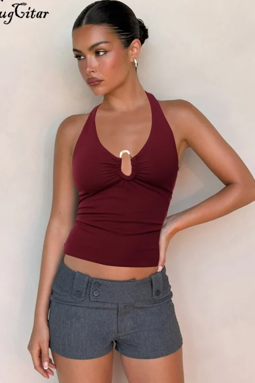 Hugcitar Women'S Fashion Halter Metal Loop Cut Out Backless Bandage Sexy Crop Tank Top Summer Vacation Clothes Streetwear Party