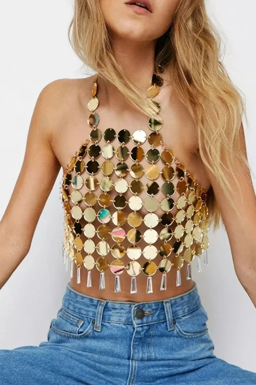 Gold Fringe Disc Chainmail Sequin Halter Crop Top Sexy Cut Out Backless Night Clubwear