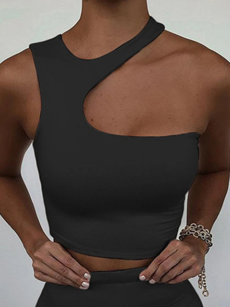Cut Out Sexy Crop Off Shoulder Solid Skinny Sport Short Tops Women Tank Irregular Summer Tube Tops - Image 4