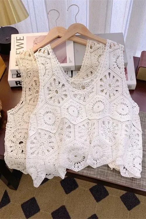 Slip Skirt Over Cardigan Sleeveless Top Crochet Cut-out Knit Sweater Round Neck Vest Outside Tank Top