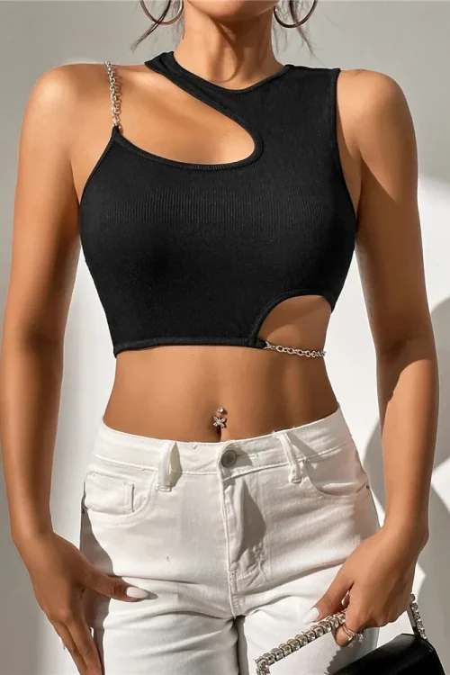 High Street Grunge Chain Cut Out Crop Top Women Summer Y2K Clothes Solid Black Asymmetrical Neck Sleeveless Tank Top Streetwear