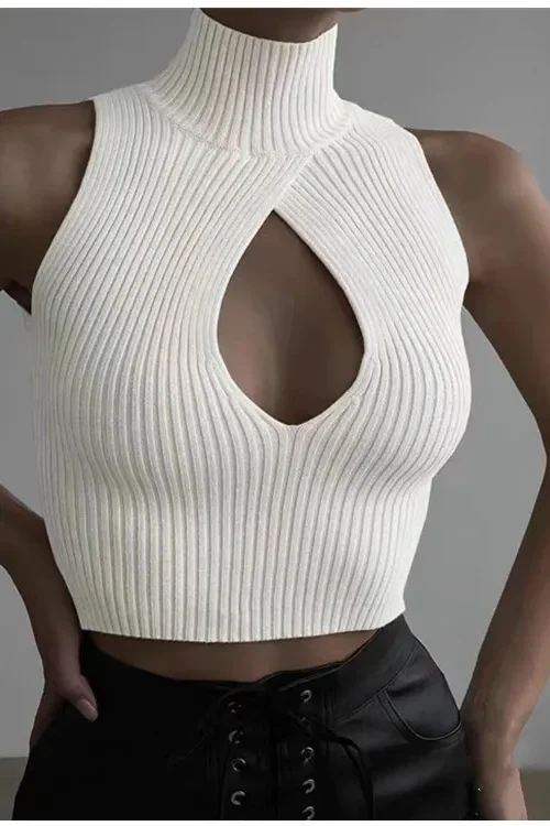 Y2K Cut Out Crop Vest Mock Neck Rib Knit Sleeveless High-Neck Ribbed Tops Tanks and Camis for Women Teengirl Summer Outfit
