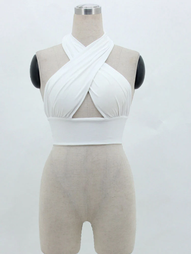 Women Strappy Cross Over Front Cut Out Halter Neck Sleeveless Backless Crop Top Bandage Vest Summer Sexy Tops Woman Clothes S-XL - Image 3