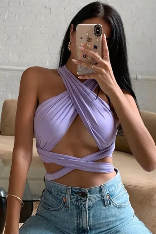 Women Strappy Cross Over Front Cut Out Halter Neck Sleeveless Backless Wrap Crop Top Bandage Vest Summer Sexy Tops Woman Clothes