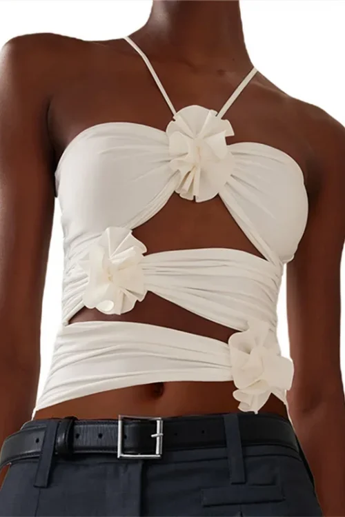 Fashion 3D Floral Strap Crop Tops for Women Sleeveless Bodycon Cut Out Halter Camisole Y2k Fitted Bustier Corset Top