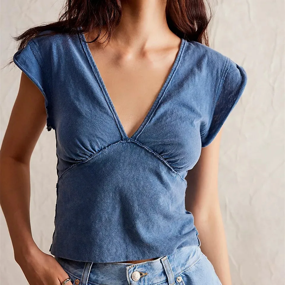 Women Cap Sleeve Vest Tops V Neck Y2k Crop Top Cropped Summer Tees Low Cut Tank Cami Shirts Trendy Going Out Streetwear - Image 2