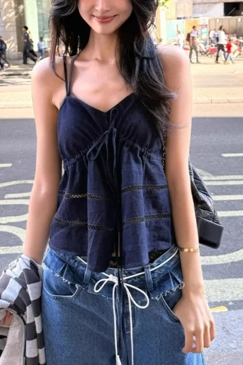 Korea Chic Navy Blue Cut-out Tank Tops Women Summer Solid Elegant Camisole Casual Bottomed Bandeau Y2k Sleeveless Tops 2025 New