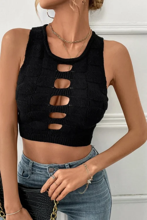 On Sale Summer Women Sleeveless Round Neck Sexy Cut Out Knit Crop Top Femme High Stretch Hollowed Flirty Cropped Tank Clothes