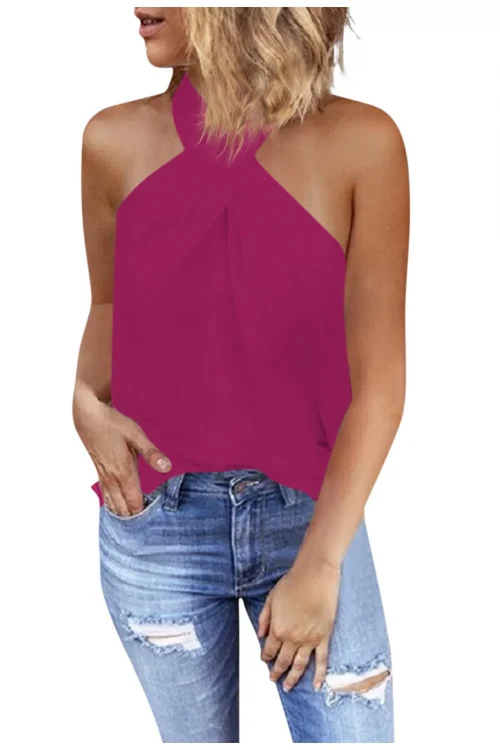 Sexy Summer Slim Fit Strappy Cross Over Front Cut Out Zipper Handing Crop Top For Women Sleeveless Halter High Street Wear
